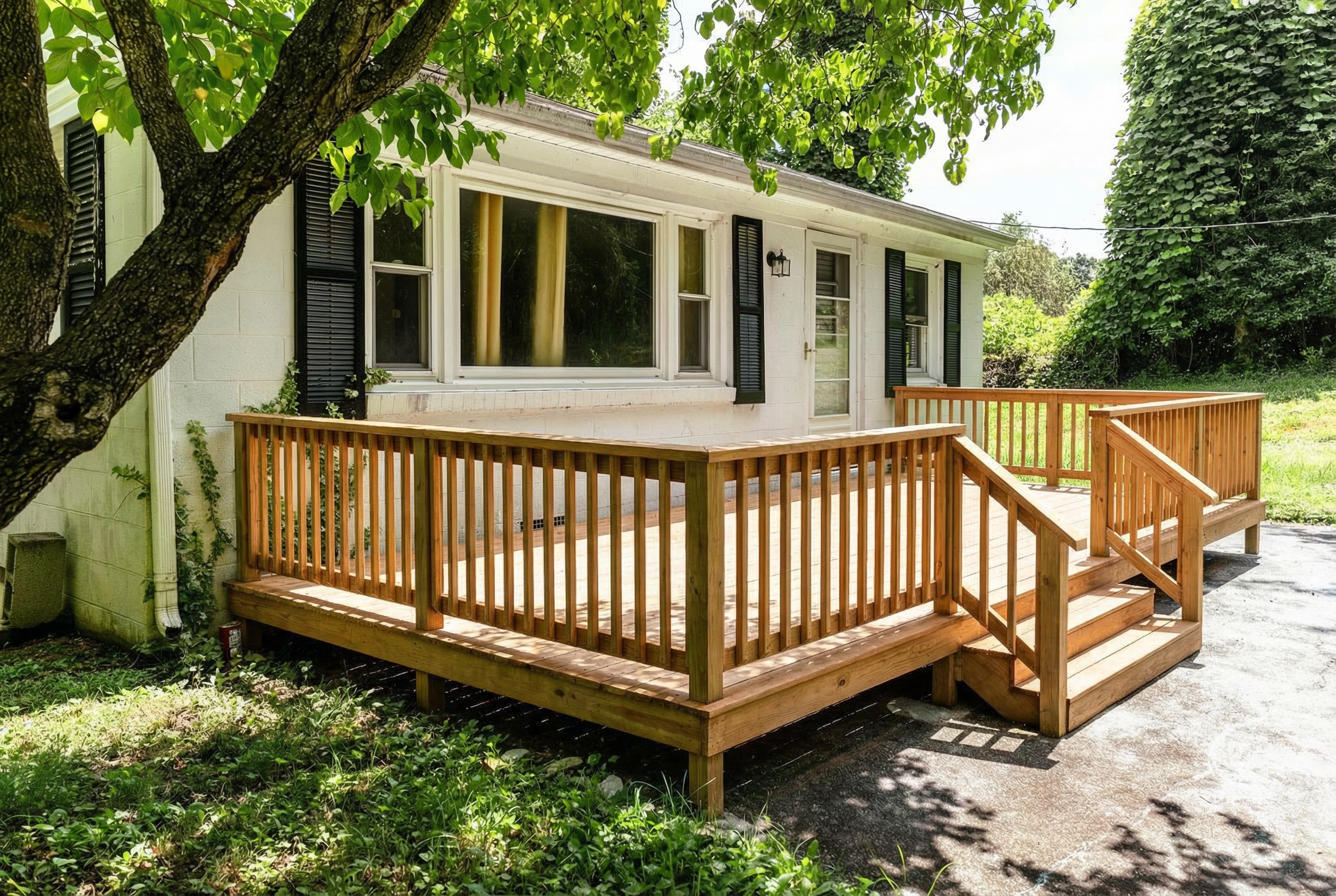 After: the same backyard with a cedar deck, railings and a staircase to the pavement