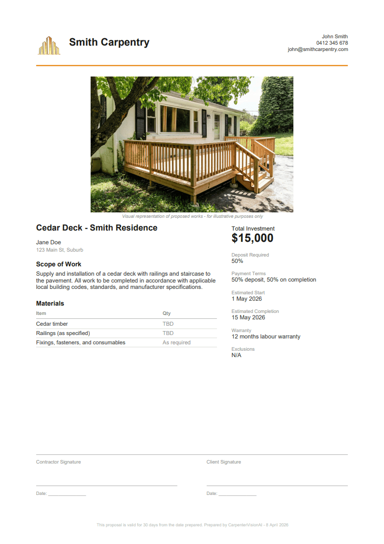 The PDF proposal with the render, pricing and signature lines
